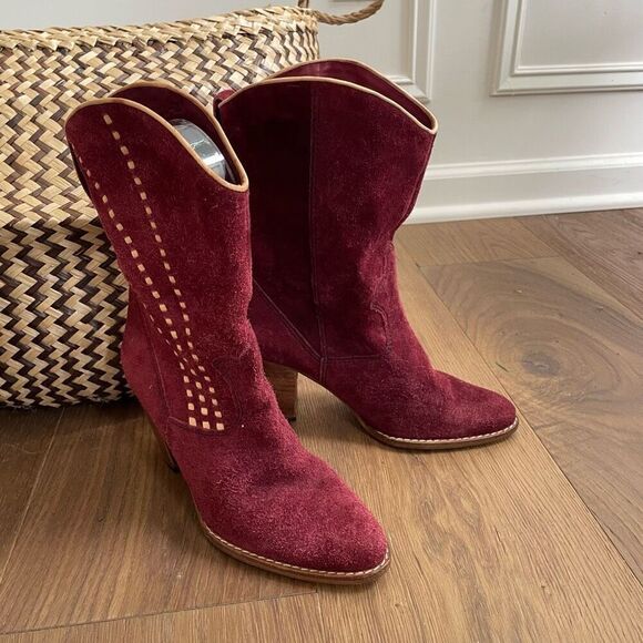 Vintage 80s Buskens Brazil Dakota Burgundy Suede Cowboy Boots 6.5 - Picture 1 of 11
